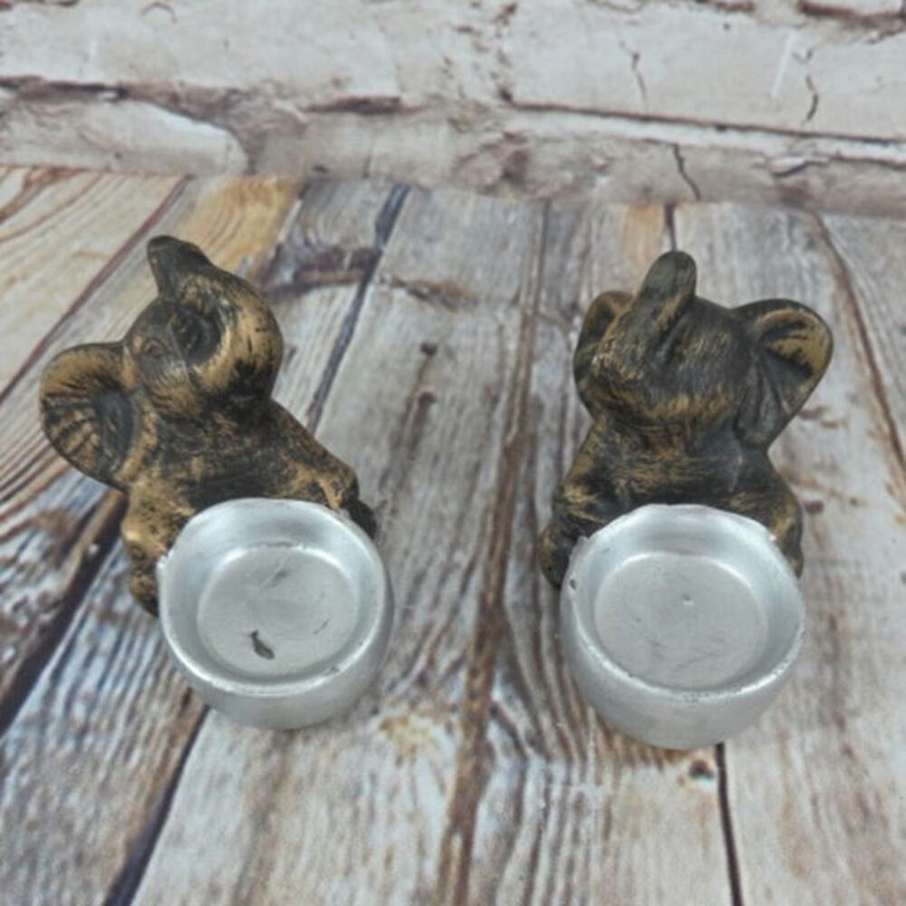 Vintage Good Luck Elephant Tealight Holders Pair Black And Gold